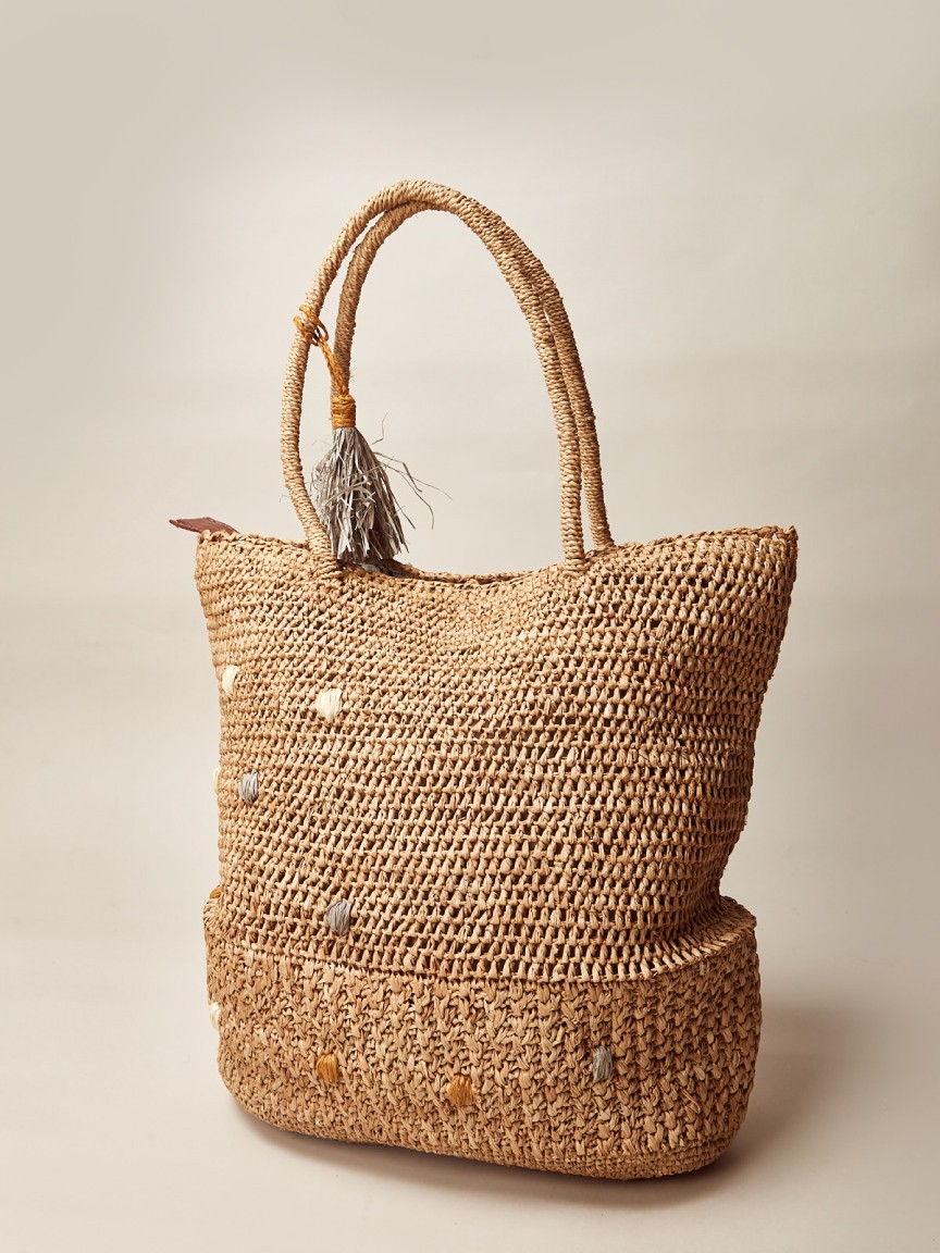 Cartera Raffia Pompom - Beige
